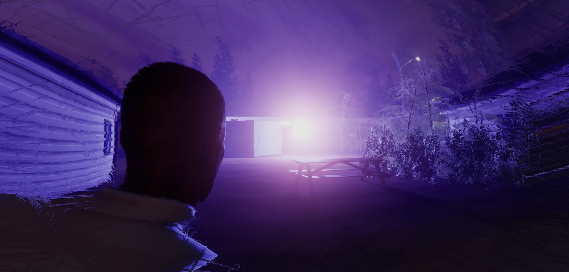 Owen approaching the purple light of the Flicker